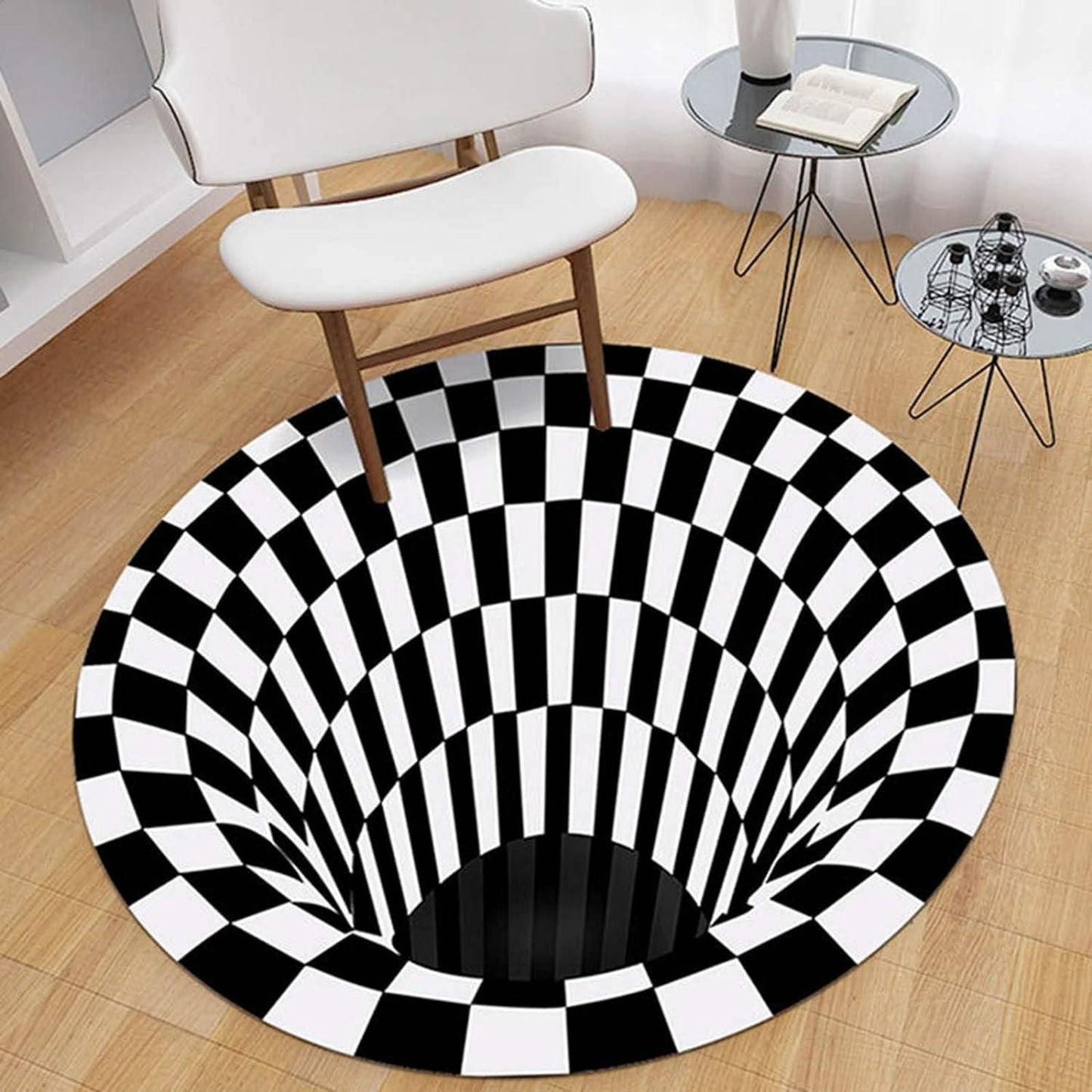 3D Bottomless Hole Optical Illusion Rug – Round Black & White Area Carpet for Living Room, Kitchen, Office (180 CM Diameter)