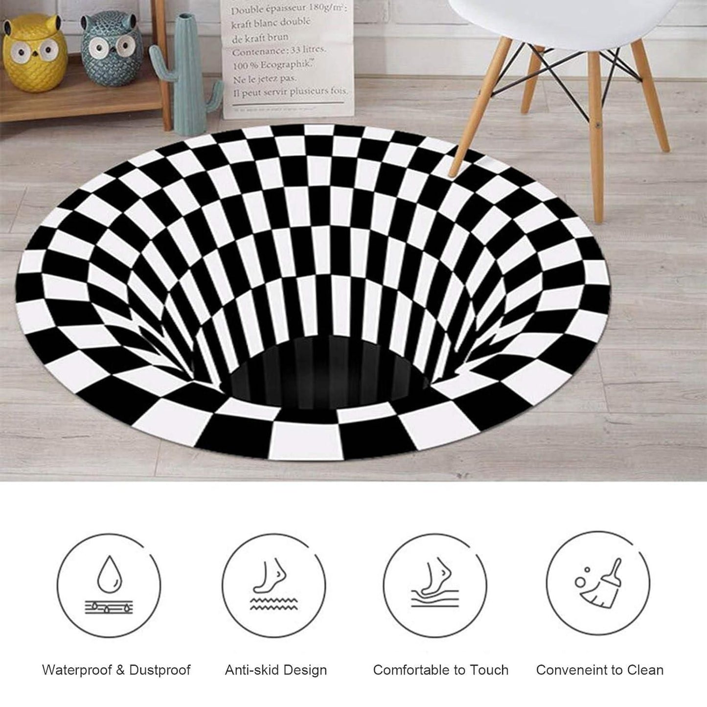 3D Bottomless Hole Optical Illusion Rug – Round Black & White Area Carpet for Living Room, Kitchen, Office (180 CM Diameter)